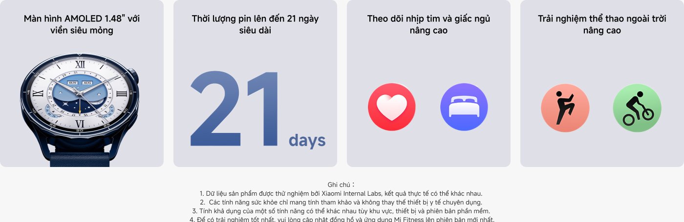 Màn hình AMOLED 1.48", viền siêu mỏng. Thời gian sử dụng pin lên đến 21 ngày. Hỗ trợ giám sát nhịp tim và giấc ngủ nâng cao. Thích hợp cho trải nghiệm thể thao ngoài trời, có nhiều chế độ thể thao khác nhau.