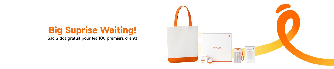 Annonce d'ouverture officielle du magasin Xiaomi, avec une promotion : "Grande surprise en attente ! Sac à dos gratuit pour les 100 premiers clients." Le design inclut des accents orange et une image de sac.