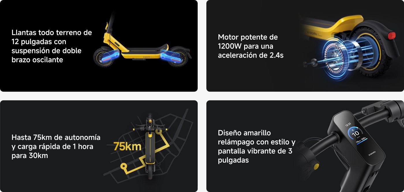 La imagen presenta un patinete eléctrico con las siguientes características:

- Llantas todo terreno de 12 pulgadas y suspensión de doble brazo oscilante.
- Motor de 1200W que permite una aceleración de 2.4 segundos.
- Autonomía de hasta 75 km y carga rápida en 1 hora para 30 km.
- Diseño amarillo y pantalla vibrante de 3 pulgadas.