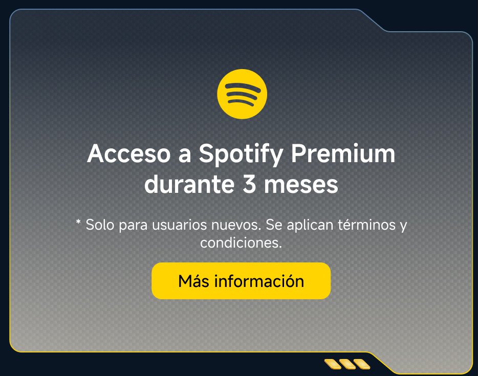 Acceso a Spotify Premium durante 3 meses. * Solo para usuarios nuevos. Se aplican términos y condiciones. Más información.