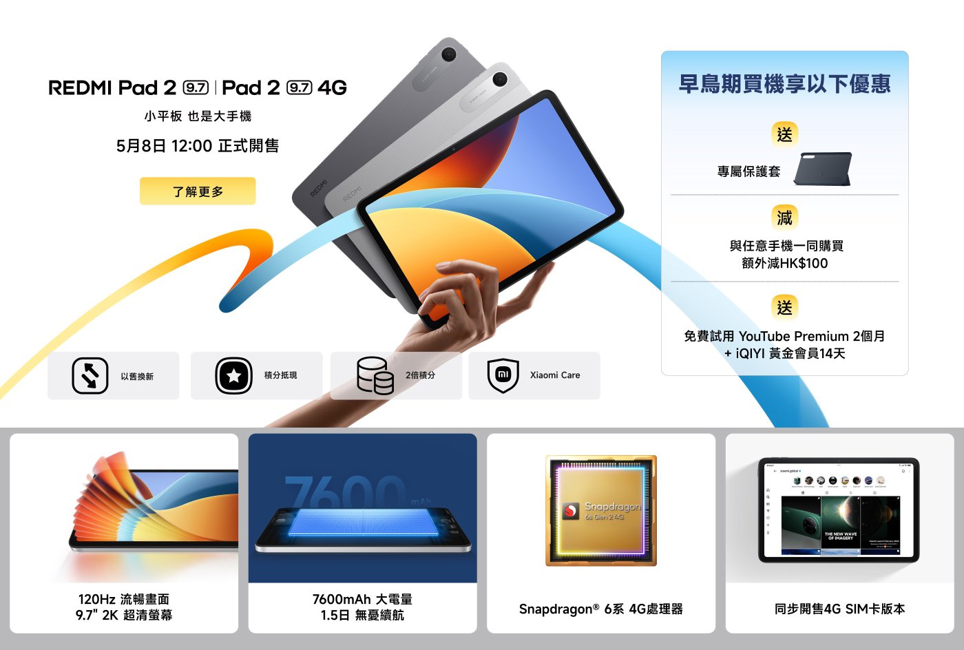 一張宣傳圖展示了REDMI Pad 2的特點，包括9.7英寸2K屏幕、120Hz刷新率、7600mAh大電池和Snapdragon 6系列處理器。圖中提到5月8日12:00正式開售，並介紹早鳥優惠，如贈送保護殼和減價優惠。還有YouTube Premium和iQIYI會員的試用信息。