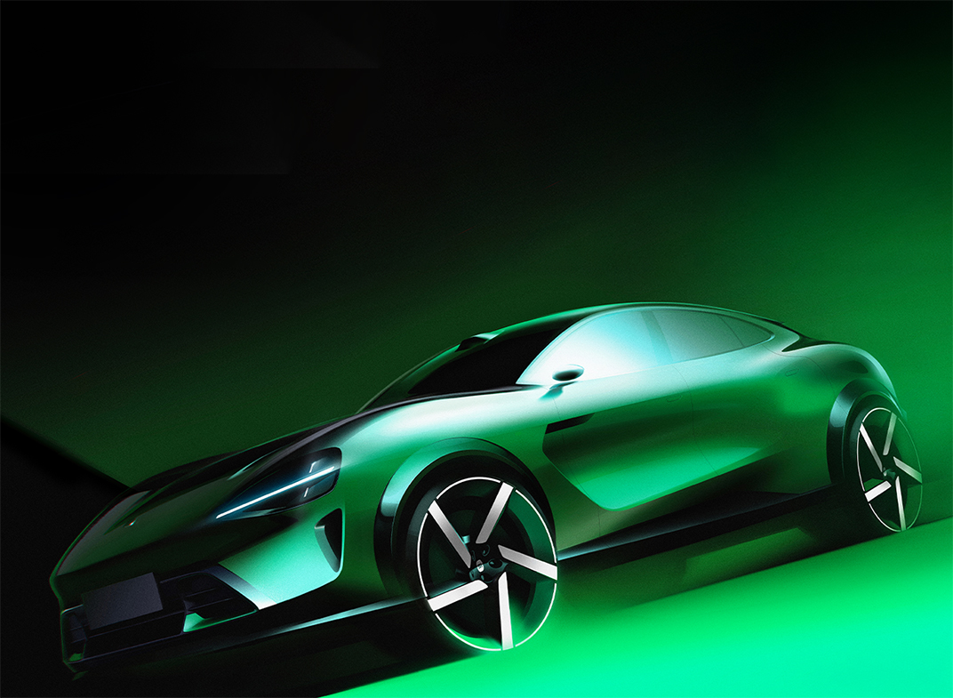 A futuristic sports car with a green sheen, featuring a streamlined design, set against a gradient of black and green.