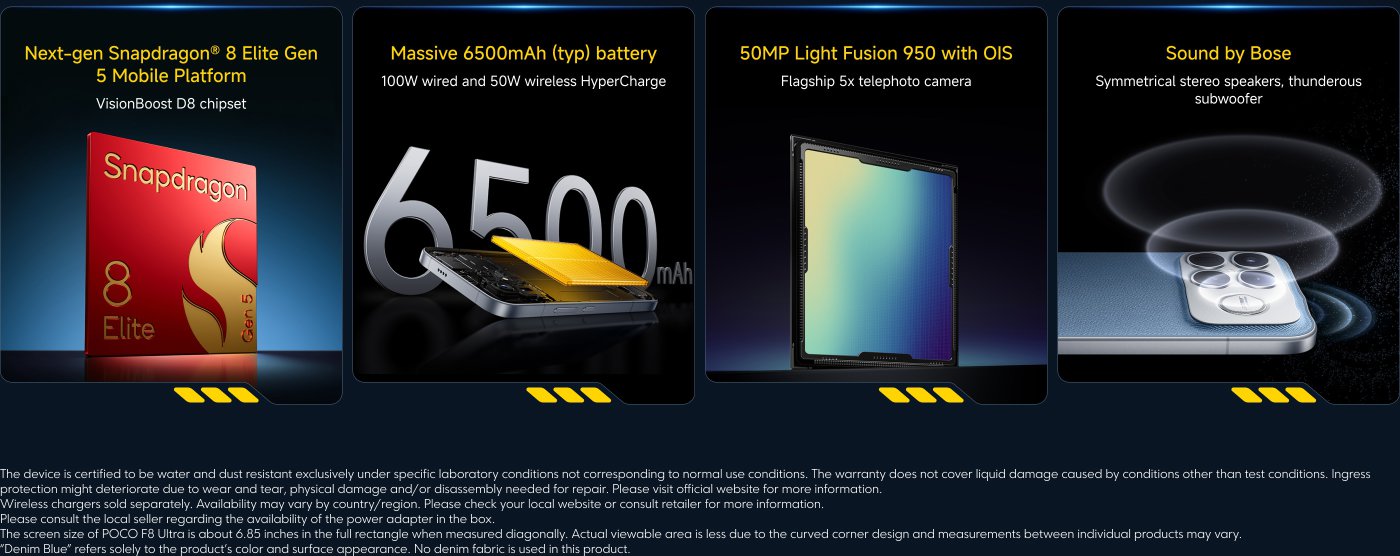 The next-generation Snapdragon® 8 Elite Gen 5 mobile platform is equipped with the VisionBoost D8 chip. It features a 6500mAh battery, supporting 100W wired and 50W wireless fast charging. The 50MP Light Fusion 950 camera comes with optical image stabilization. The audio system is provided by Bose, featuring symmetrical stereo speakers and a powerful subwoofer.