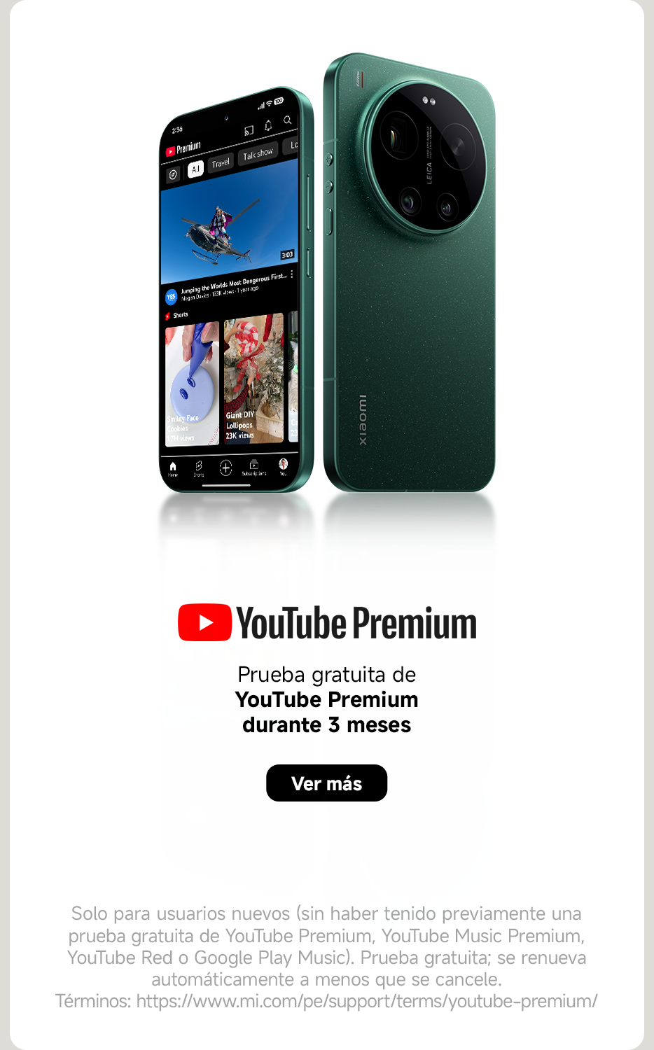 Muestra un teléfono inteligente de la marca Xiaomi con una pantalla que presenta el servicio de YouTube Premium. El anuncio ofrece una prueba gratuita de YouTube Premium durante tres meses y proporciona información sobre condiciones y términos.