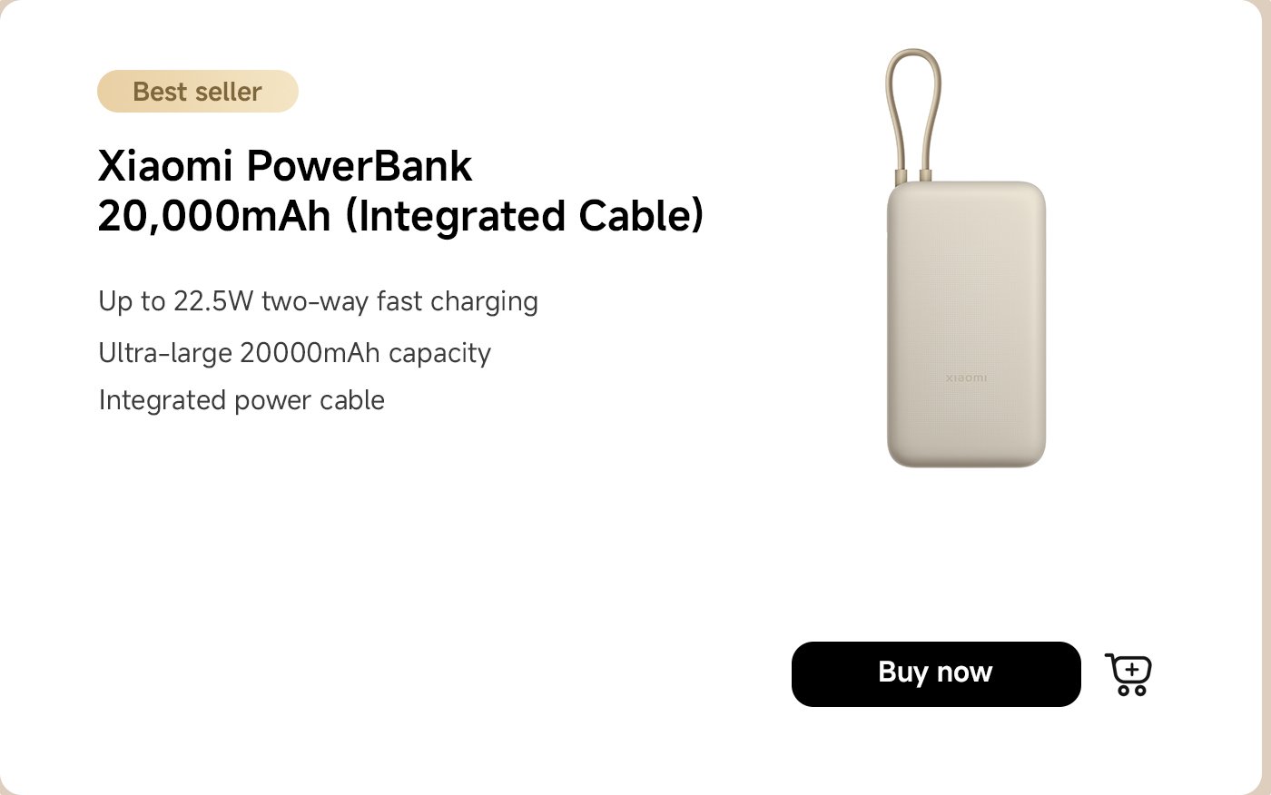 Xiaomi PowerBank with a capacity of 20,000mAh, featuring up to 22.5W two-way fast charging and an integrated power cable. The design is compact, and it is marked as a "Best seller." There is a "Buy now" option available.