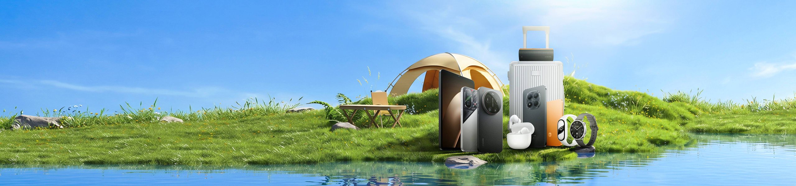 草原の上にテントがあり、その隣にテーブルといくつかの電子製品、携帯電話、ヘッドフォン、スーツケース、腕時計があります。背景は青空と水面です。