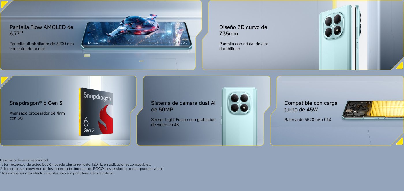 Pantalla Flow AMOLED de 6.77” con 3200 nits, diseño 3D curvo de 7.35mm. Procesador Snapdragon® 6 Gen 3 de 4nm con 5G. Sistema de cámara dual AI de 50MP con grabación en 4K. Compatible con carga turbo de 45W, batería de 5520mAh.
