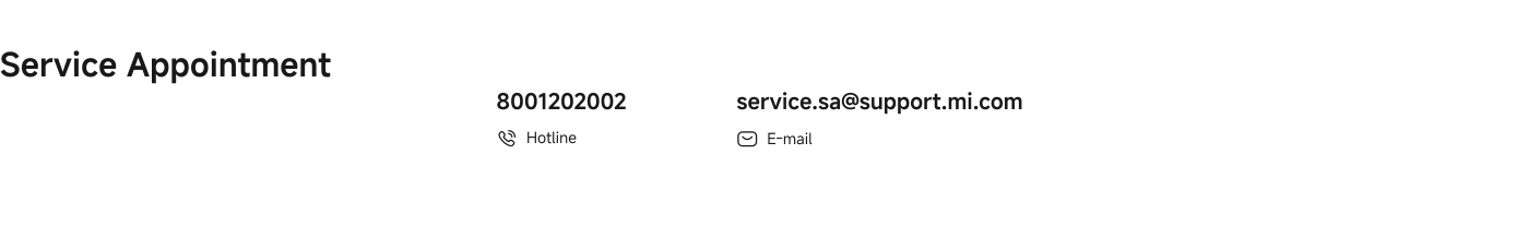 Service appointment information, including the hotline phone number and email address. The hotline number is 80012020202, and the email address is service.sa@support.mi.com.