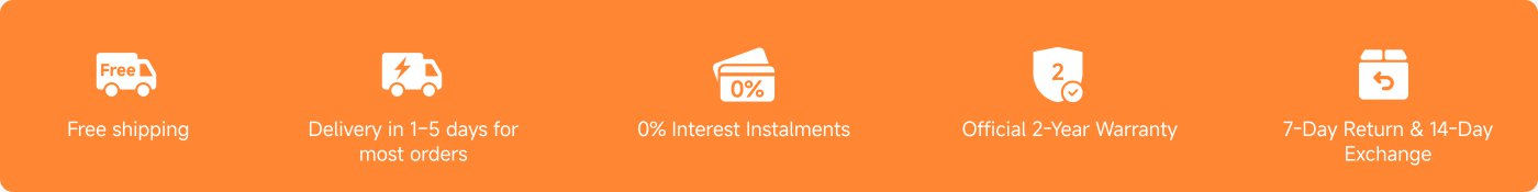 The image features several key service highlights on an orange background. These include:

- Free shipping
- Delivery in 1-5 days for most orders
- 0% interest installments
- Official 2-year warranty
- 7-day return & 14-day exchange policy