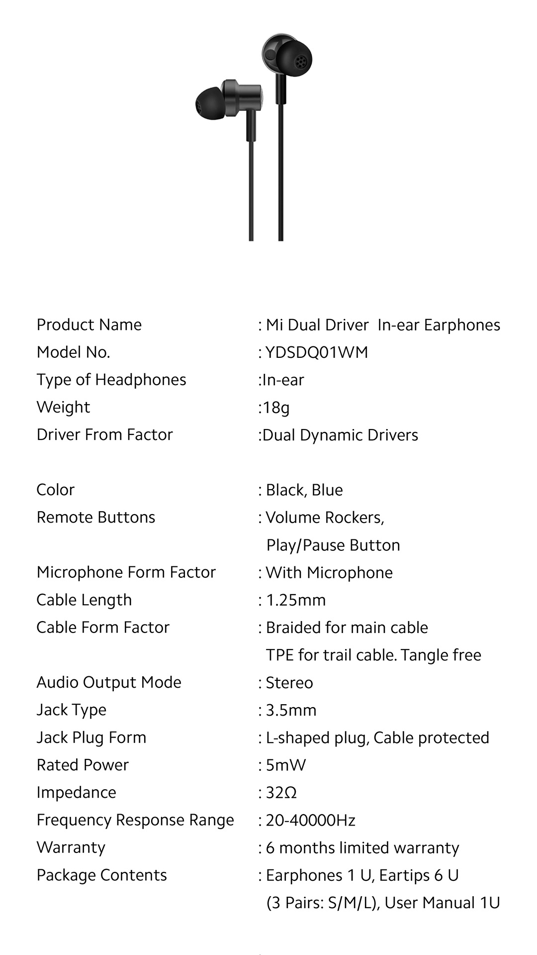 mi dual driver earphones Specifications Xiaomi India