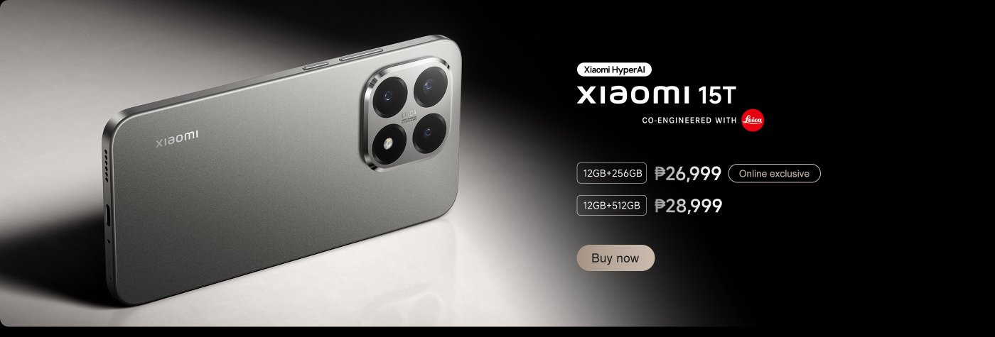 A newly released Xiaomi 15T smartphone, equipped with four cameras, offers 12GB of RAM and storage options of 256GB or 512GB, with pre-sale prices of ₱24,999 and ₱27,999, marked as Shopee exclusive.