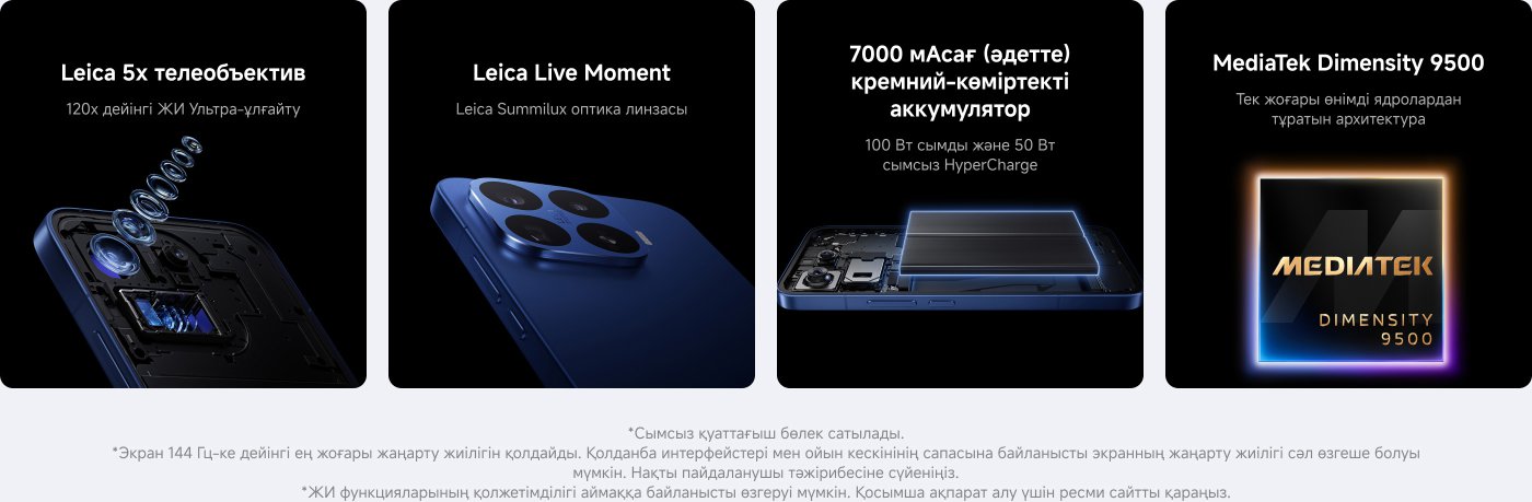 Бұл суретте негізгі мүмкіндіктерді атап өтетін смартфон жарнамасы көрсетілген, соның ішінде:

- **Leica 5x телефото линзасы** 120x сандық зуммен.
- **Leica Live Moment** Summilux оптикасы бар.
- **7000 мАч кремний-көмір батареясы** 100W сымды және 50W сымсыз зарядтауды қолдайды.
- **MediaTek Dimensity 9500** архитектурасы.

Фон қара, өнімнің мәліметтерін айқындап көрсетеді.