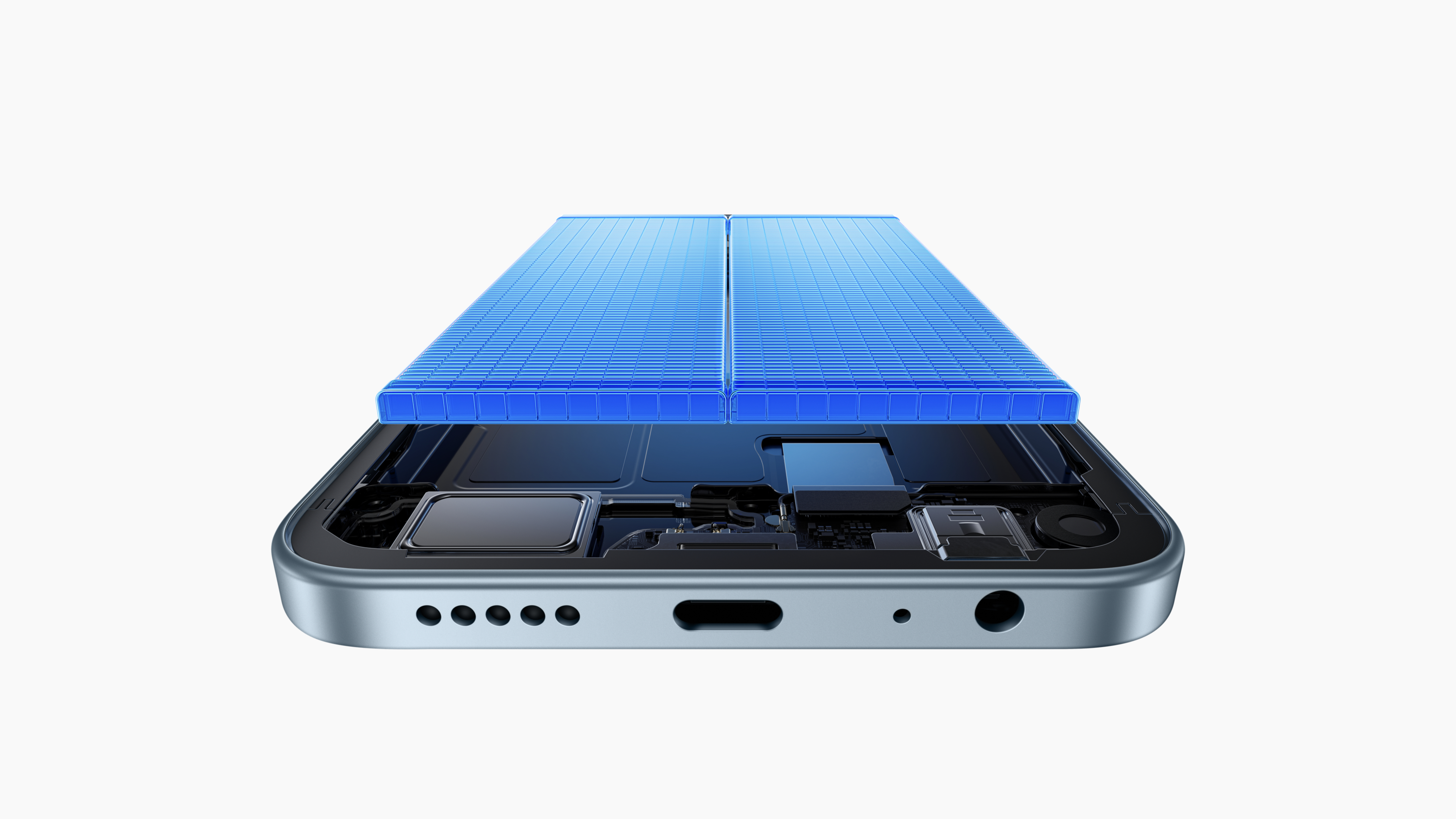 A cross-section of a smartphone, showing details of internal components and a blue battery. The bottom of the phone has a charging port and speaker hole. The background is white.