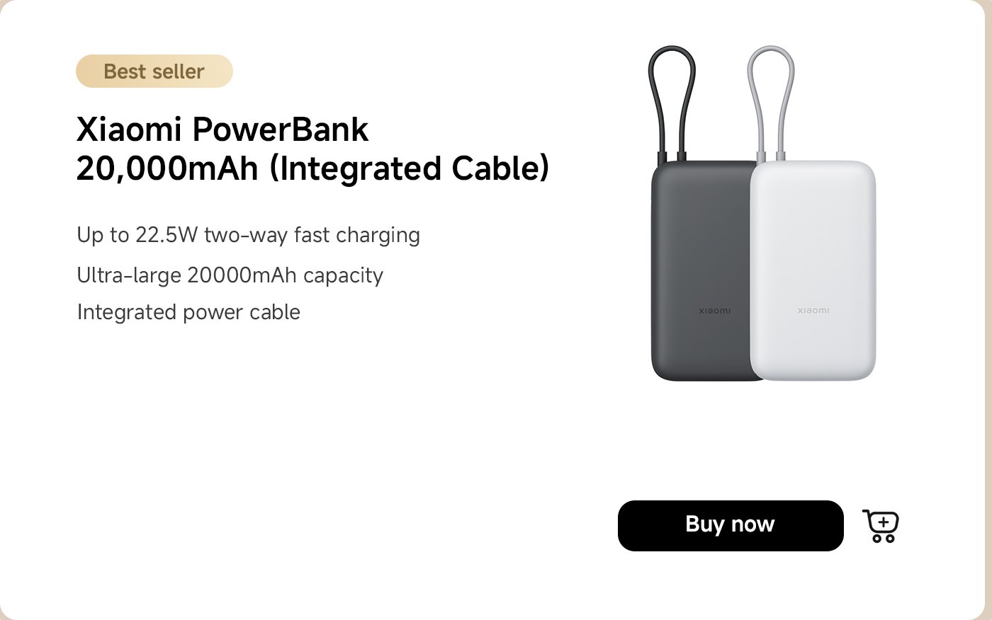 Xiaomi PowerBank with 20,000mAh capacity, featuring two-way fast charging (up to 22.5W) and an integrated power cable. Available in black and white. Options to buy now are provided.