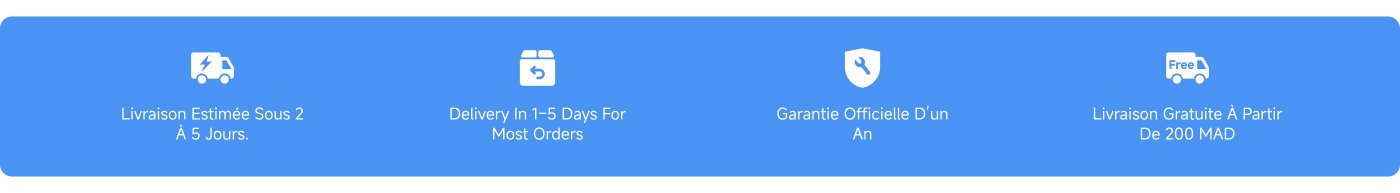 Livraison estimée sous 1 à 5 jours pour la plupart des commandes. Livraison gratuite à partir de 200 MAD. Garantie officielle d'un an.
