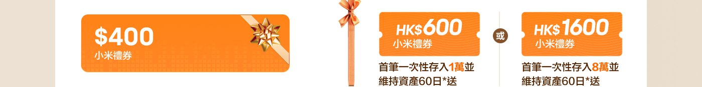 小米優惠券資訊：$400、HK$600和HK$1600。首筆存入條件分別為1萬和8萬，並享有60天的維持資產服務。
