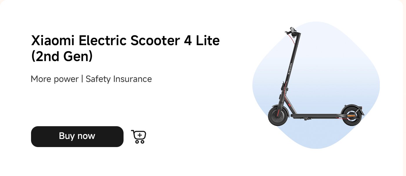 سكوتر كهربائي من شاومي 4 لايت (الجيل الثاني) للإعلان، مع التركيز على "المزيد من القوة" و"تأمين السلامة"، وتوفير زر الشراء.