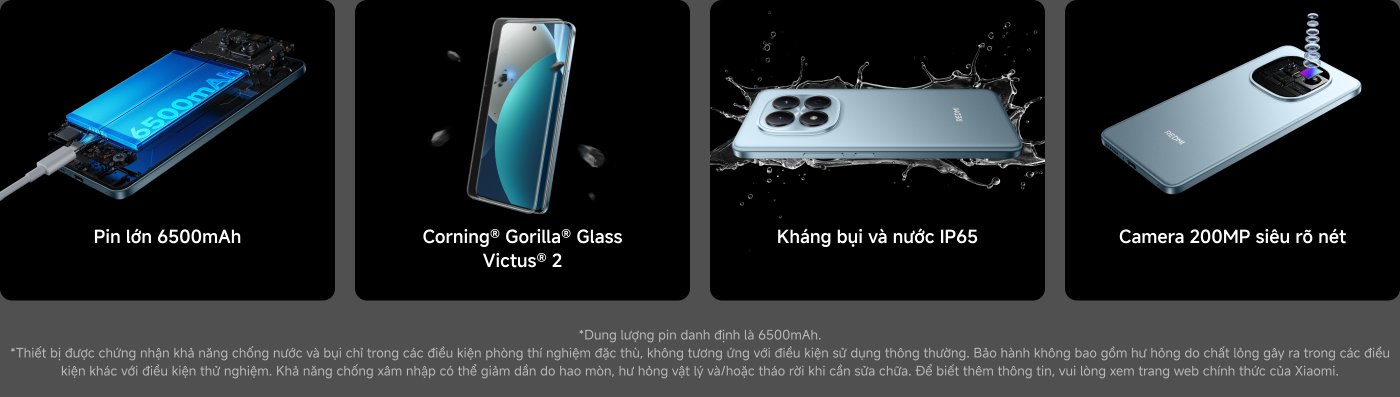 Pin 6500mAh dung lượng lớn, kính Corning® Gorilla® Glass Victus® 2, chống bụi và nước IP65, camera HD 200MP. Thiết bị được chứng nhận chống nước dưới các điều kiện cụ thể, nhưng trong thực tế có thể khác nhau do hao mòn và hư hỏng.