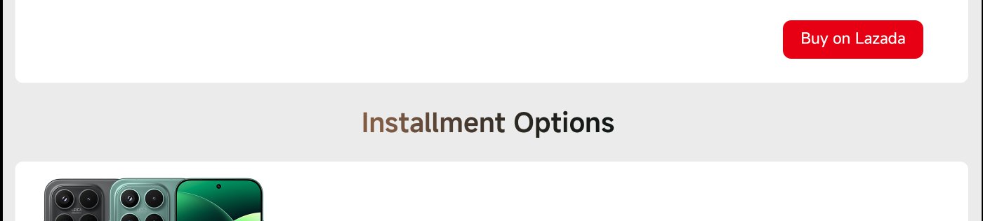 An image showcasing a smartphone, featuring the text "Installment Options" and a red button "Buy on Lazada". The colors of the phone include black and green.