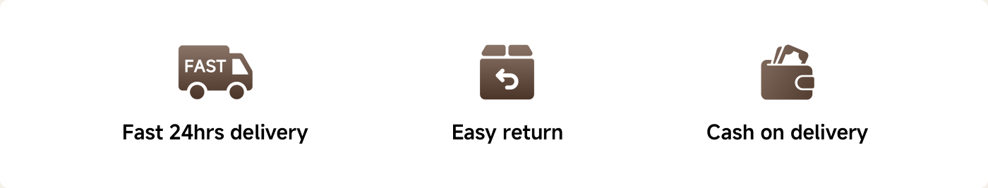 The image features three service highlights for a delivery service:

1. "Fast 24hrs delivery" with an icon of a delivery truck.
2. "Easy return" with an icon representing a return package.
3. "Cash on delivery" with an icon of a wallet.

These points emphasize quick delivery, simple return processes, and payment flexibility.