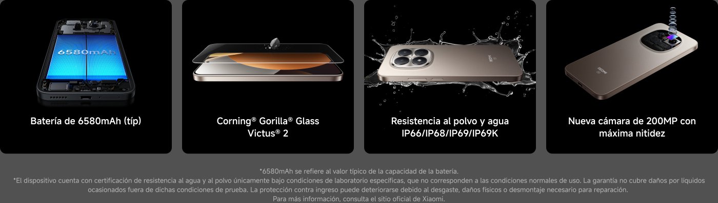 Batería de 6580mAh, pantalla protegida por Corning® Gorilla® Glass Victus® 2, resistencia al agua y polvo (IP66/IP68/IP69/IP69K) y una nueva cámara de 200MP con máxima nitidez. Detalles adicionales sobre la batería y certificaciones se pueden consultar en el sitio oficial de Xiaomi.
