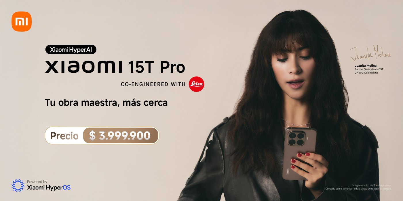 Una mujer sostiene un teléfono Xiaomi 15T Pro, vestida con una chaqueta negra, con un fondo de tonos minimalistas. El contenido del texto incluye el precio de $3,999,900 y el eslogan "Tu obra maestra, más cerca".