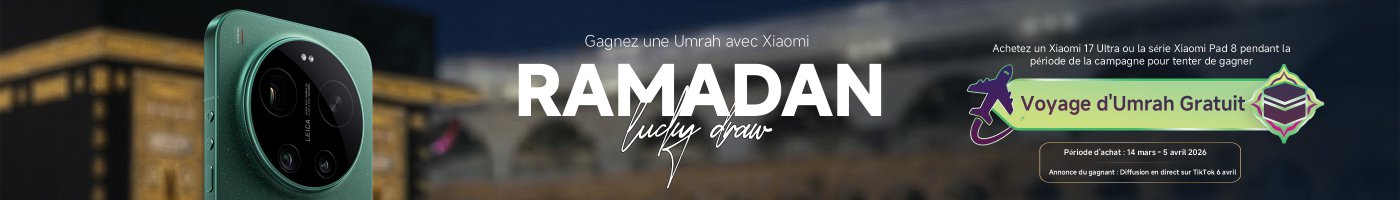 Un smartphone vert est mis en avant avec un fond montrant la Kaaba. Le texte annonce un tirage au sort pour gagner un voyage d'Umrah en achetant un Xiaomi 17 Ultra ou la série Xiaomi Pad 8 entre le 14 mars et le 5 avril 2026, avec une diffusion en direct du gagnant sur TikTok le 6 avril.