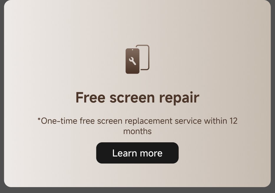 Free screen repair offered, including a one-time free screen replacement service within 12 months. A "Learn more" button is available for further information.
