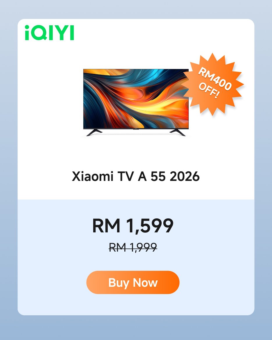 Promotional information for Xiaomi TV A 55 2026, now priced at RM 1,599, original price RM 1,999, discount RM 400. Display the "Buy Now" button.