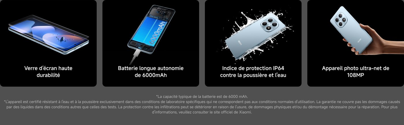 Un smartphone avec des caractéristiques impressionnantes : un verre d'écran haute durabilité, une batterie de 6000mAh, une protection IP64 contre la poussière et l'eau, et un appareil photo ultra-net de 108MP. Des informations supplémentaires précisent que la capacité de la batterie et la résistance à l'eau sont basées sur des conditions spécifiques.