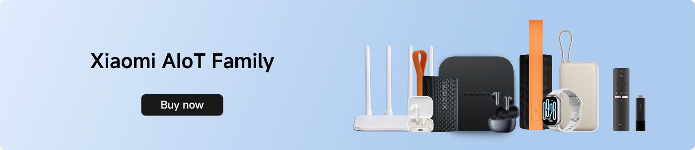 Xiaomi AloT Family product showcase, including earphones, routers, power banks, smartwatches, and other electronic devices, with a "Buy now" purchase prompt.