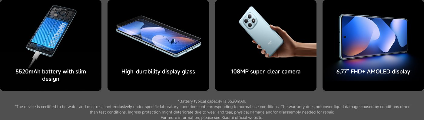 The image features several highlights of a smartphone, including:

- A 5520mAh battery with a slim design.
- High-durability display glass.
- A 108MP super-clear camera.
- A 6.77" FHD+ AMOLED display.

Additional information at the bottom explains battery capacity, water and dust resistance, and warranty conditions.