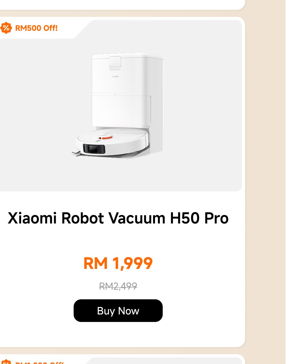 Xiaomi Robot Vacuum H50 Pro, currently priced at RM 1,999, originally RM 2,499, with a discount of RM 500. Click "Buy Now" for more information.
