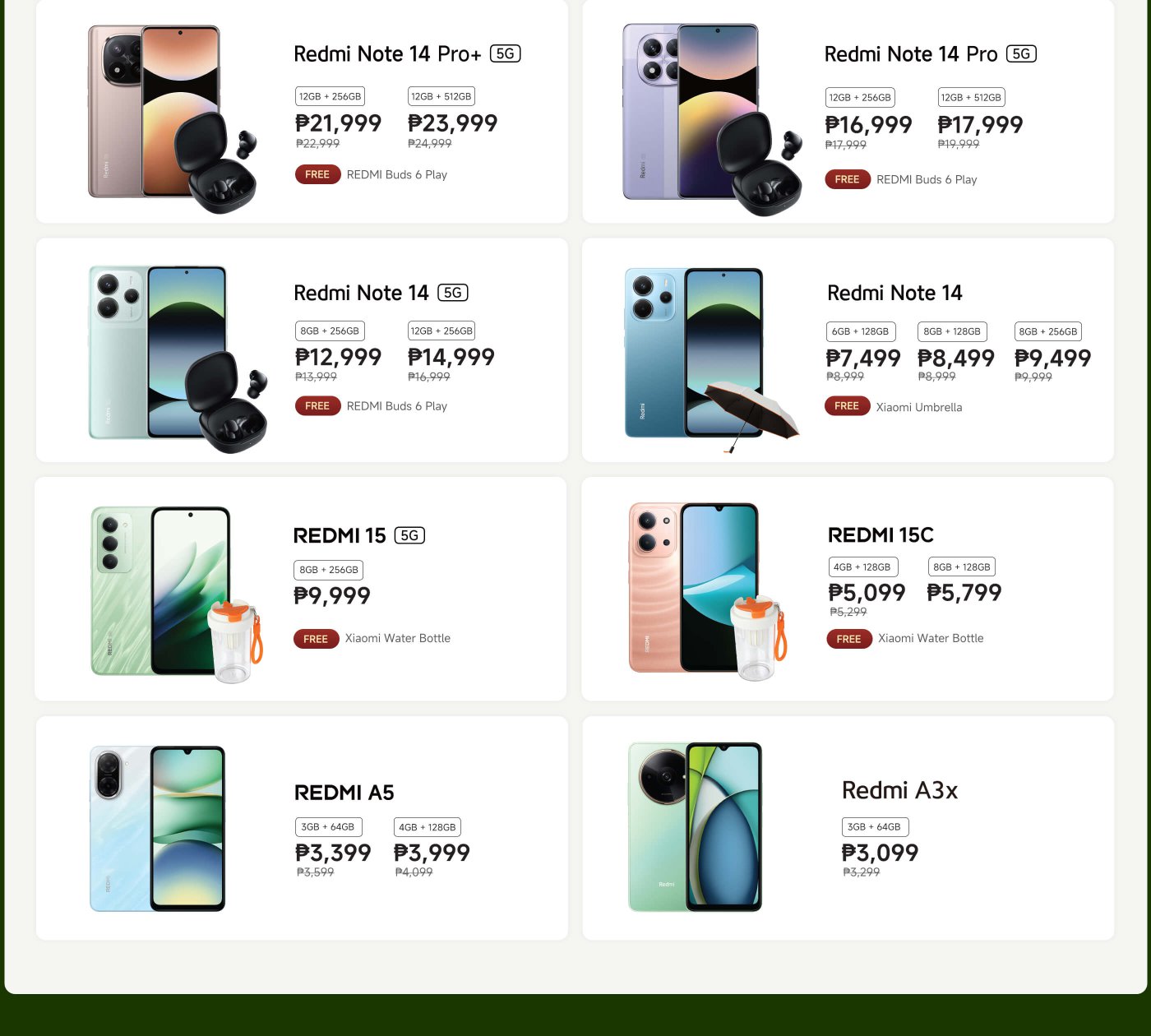 Promotional information for multiple Xiaomi smartphones, including different models, storage options, and prices. Some phones come with free gifts such as headphones, umbrellas, or water bottles.