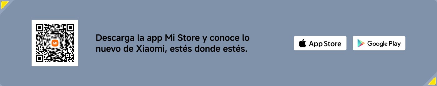 Descarga la app Mi Store y conoce lo nuevo de Xiaomi, estés donde estés. Incluye un código QR para acceder a la app, con íconos de Google Play y App Store.