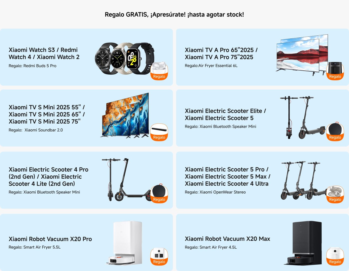 Información sobre promociones de productos de Xiaomi, que incluye varios productos y regalos: al comprar un reloj inteligente, un televisor, un patinete eléctrico o un robot aspirador se puede recibir unos auriculares, un altavoz o una freidora de aire. La cantidad de promociones es limitada, así que se debe comprar lo antes posible.