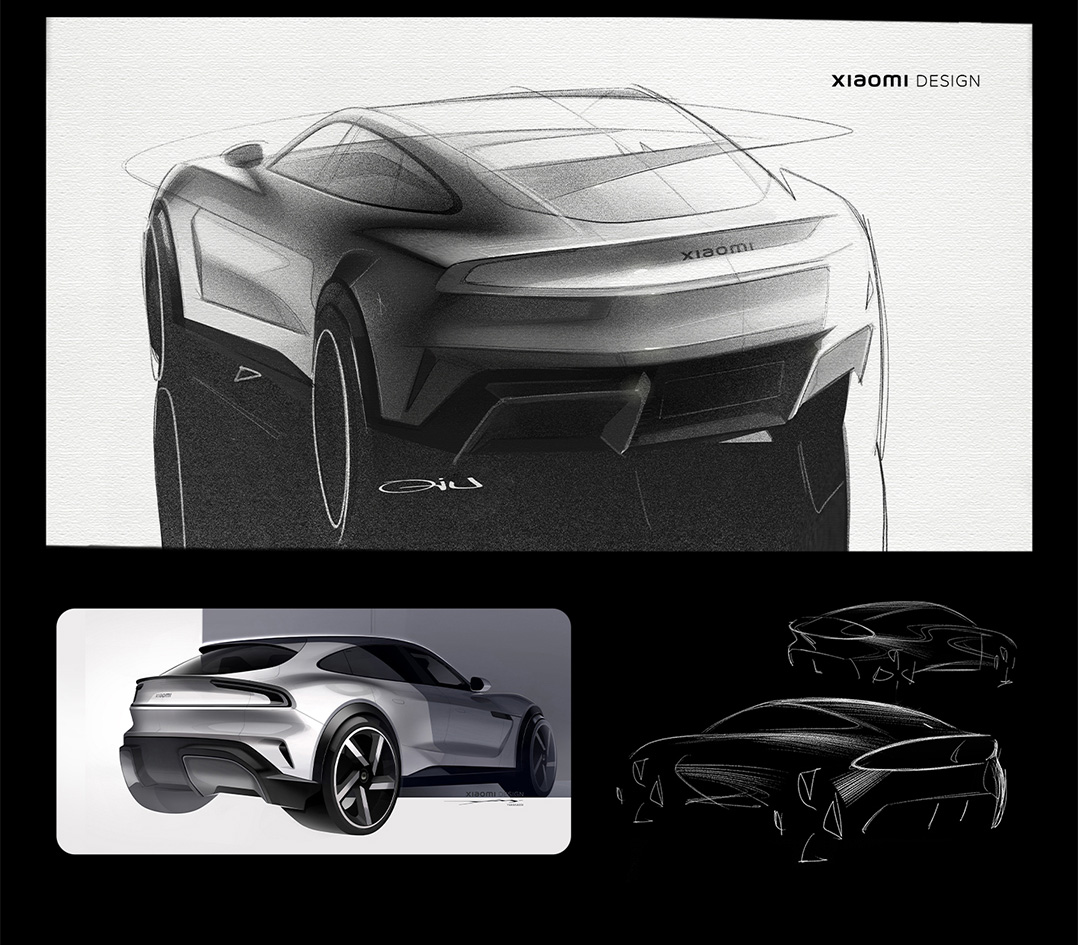 The car design sketch showcases a concept vehicle from different angles. The left side features a black and white style, while the right side displays a detailed silver body design. At the bottom, there are simplified line sketches, all labeled with the words "Xiaomi Design."