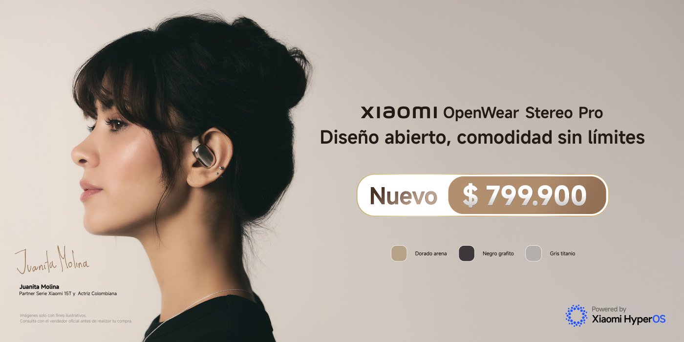 Los auriculares Xiaomi OpenWear Stereo Pro tienen un diseño abierto y son cómodos. Su precio es de $799,900 y están disponibles en colores como oro arena, negro grafito y gris titanio.