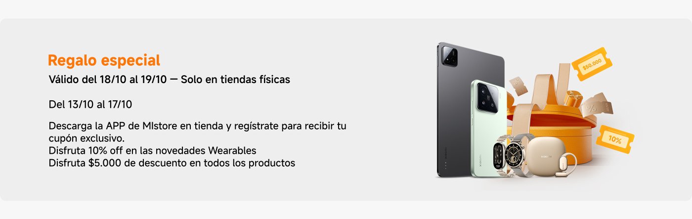 La actividad de regalos especiales se llevará a cabo del 27 de septiembre al 17 de octubre. Descarga la aplicación MIstore y regístrate para obtener cupones exclusivos. La validez en las tiendas físicas es del 18 al 31 de octubre, disfruta de un 10% de descuento en nuevos productos de Wearables y un descuento de $50,000 en teléfonos móviles y tabletas.