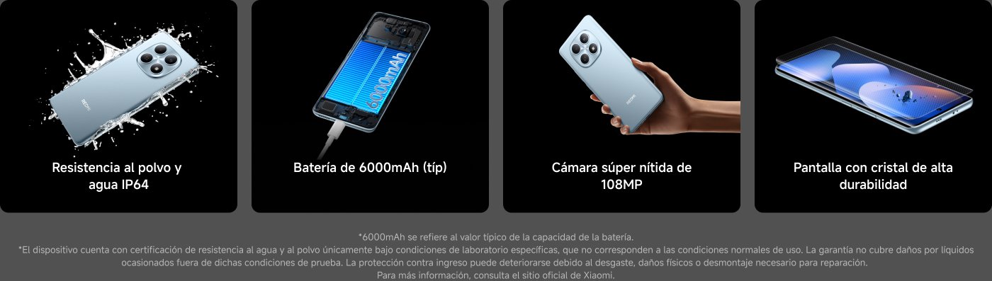 El contenido muestra las características de un teléfono móvil, destacando:

- Resistencia al agua y al polvo IP65.
- Batería de 6500mAh (típica).
- Cámara de 200MP con máxima nitidez.
- Pantalla de Corning® Gorilla® Glass Victus® 2.

Incluye también notas sobre la capacidad de la batería y condiciones de resistencia.