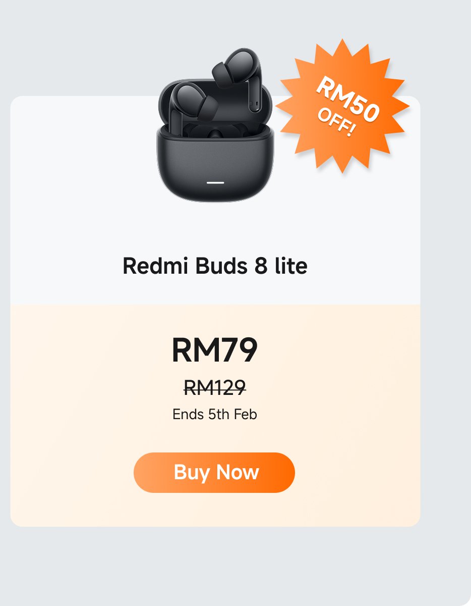 The Redmi Buds 8 Lite is priced at RM79, down from the original price of RM129, with a discount of RM50. The promotional offer ends on February 5. Click the "Buy Now" button.