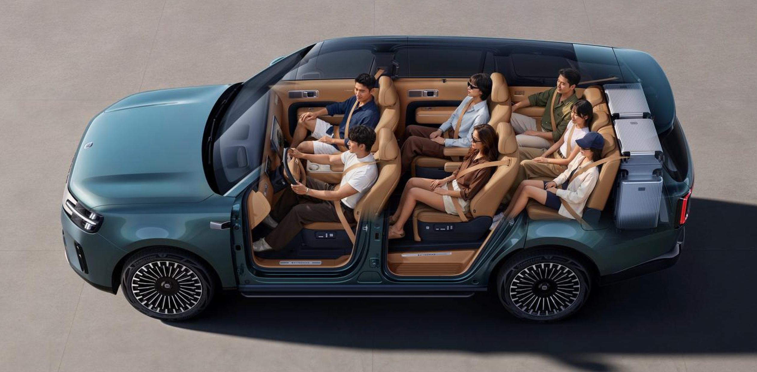 There are six people sitting inside a car, and the driver is focused on driving. The interior is luxuriously decorated, with beige seats and two suitcases in the back. The background features a flat surface, and the windows are transparent, allowing sunlight to stream in.