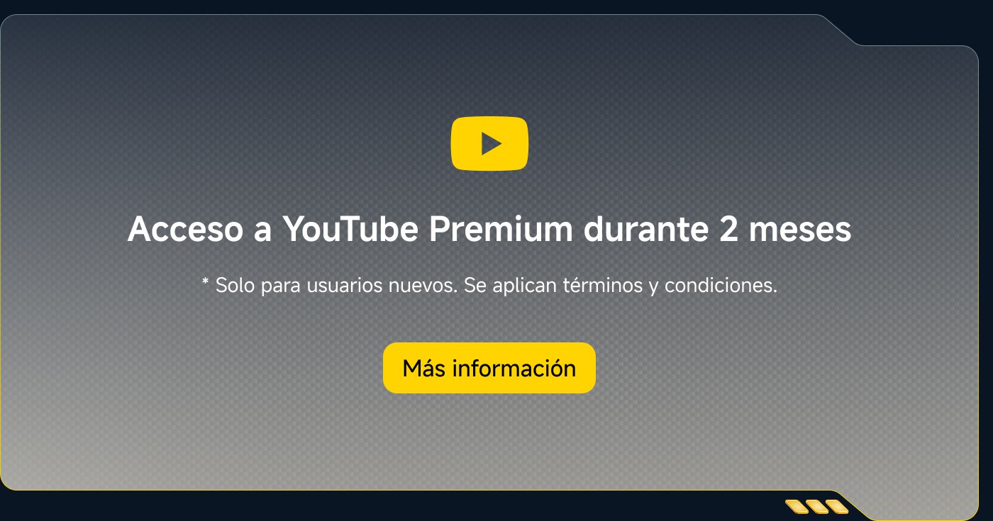 Acceso a YouTube Premium durante 2 meses. * Solo para usuarios nuevos. Se aplican términos y condiciones. Más información.