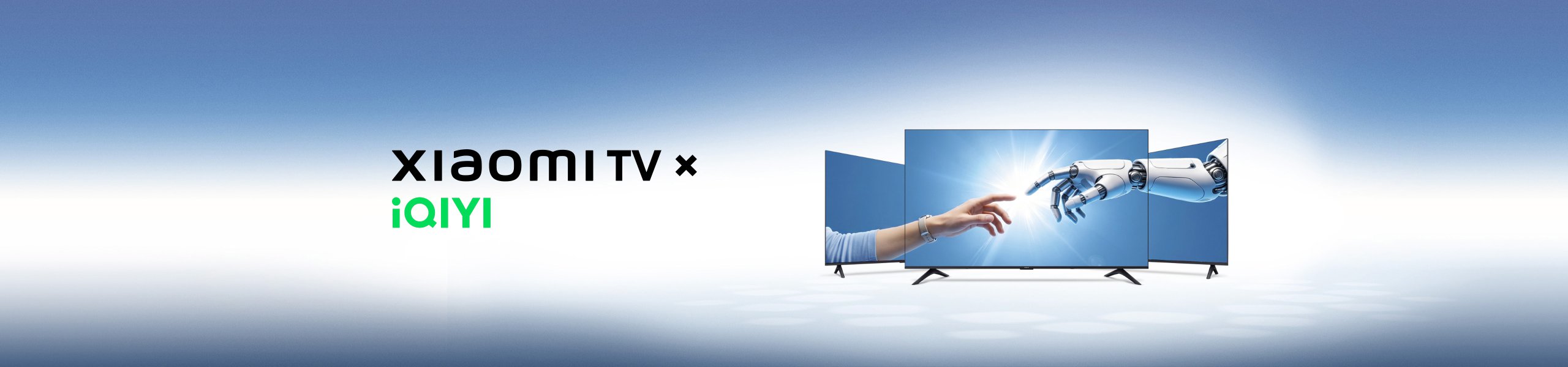 It showcased the collaboration between Xiaomi TV and iQIYI, with a gradient blue background. In the center of the image, a robotic hand is touching a human finger, symbolizing the integration of technology and humanity.