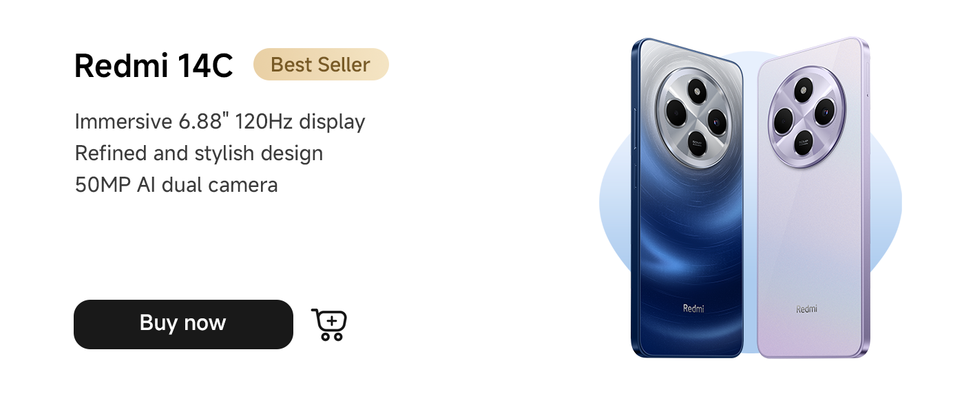 The Redmi 14C smartphone features a 6.88-inch 120Hz display, a sleek and stylish design, and a 50MP AI dual-camera. There is a “Buy Now” button below.