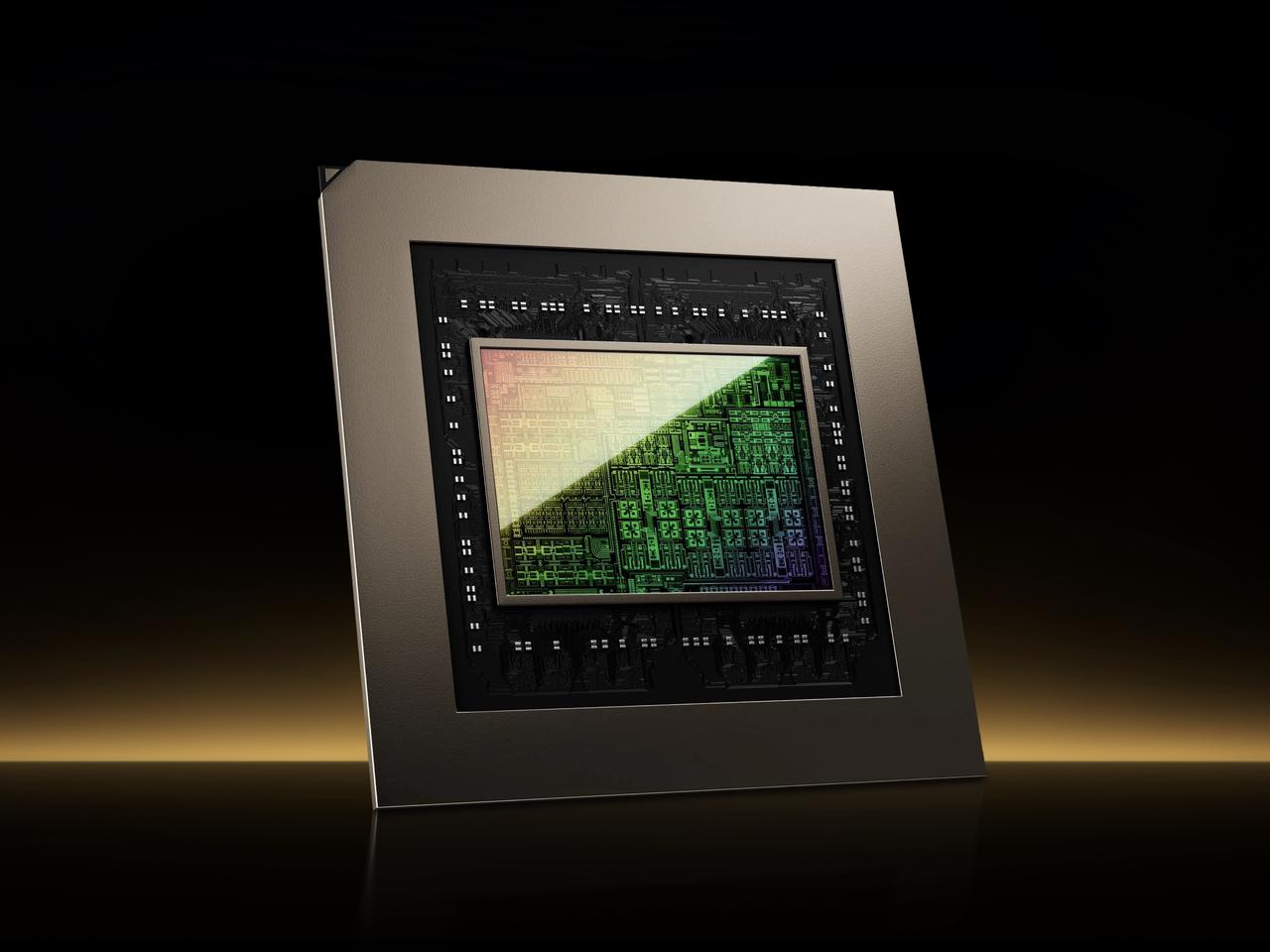 Un chip high-tech è mostrato su uno sfondo nero, con complessi schemi di circuito sulla sua superficie che mostrano un effetto lucido in più colori.