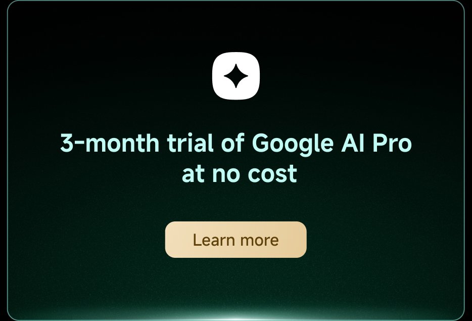 3-month trial of Google AI Pro at no cost. Button to "Learn more."