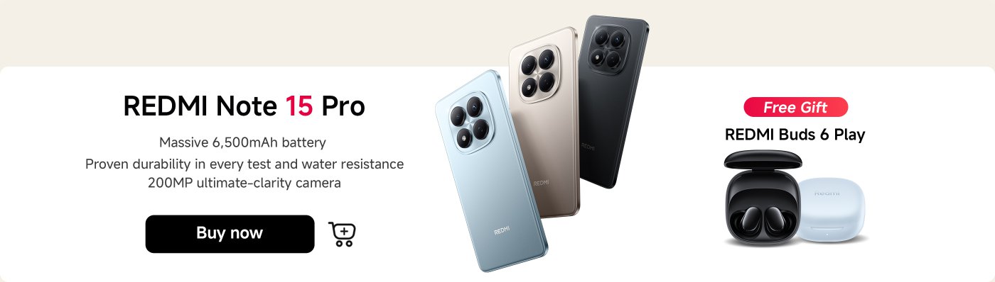 The advertisement showcases the REDMI Note 15 Pro smartphone, equipped with a large 6500mAh battery, tested for durability and featuring a waterproof design, along with a 200MP high-definition camera. It also offers free REDMI Buds 6 Play earphones, with a "Buy Now" button at the bottom.