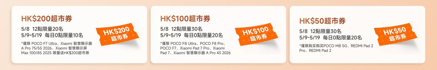 三張優惠券信息，分別為：

1. **HK$200超市券**
   - 5/8 12點限量20名
   - 5/9-5/19 每日0點限量10名
   - 適用產品：POCO F7 Ultra、Xiaomi 智慧顯示器 A Pro 75/55 2026、Xiaomi 智慧顯示屏 Max 100/85 2025

2. **HK$100超市券**
   - 5/8 12點限量30名
   - 5/9-5/19 每日0點限量20名
   - 適用產品：POCO F8 Ultra、POCO F7、Xiaomi Pad 7 Pro、Xiaomi Pad 7、Xiaomi 智慧顯示器 A Pro 4 2026

3. **HK$50超市券**
   - 5/8 12點限量30名
   - 5/9-5/19 每日0點限量20名
   - 適用產品：POCO M8 5G、REDMI Pad 2、REDMI Pad 2