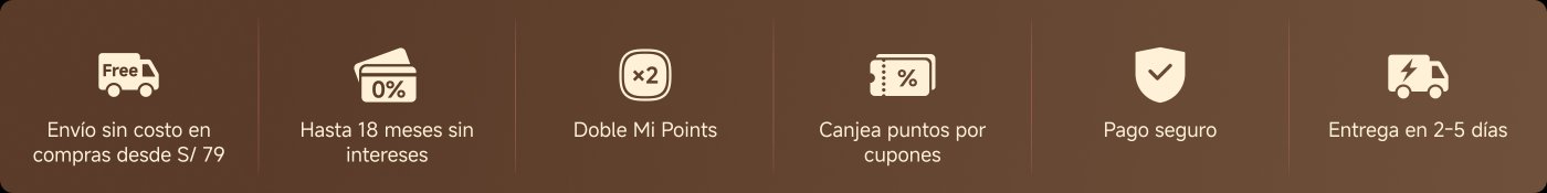 Envío gratis, compras a partir de S/ 79 sin costo de envío; pago a plazos, hasta 18 meses sin intereses; puntos dobles; los puntos se pueden canjear por efectivo; pago seguro; entrega en 2-5 días.